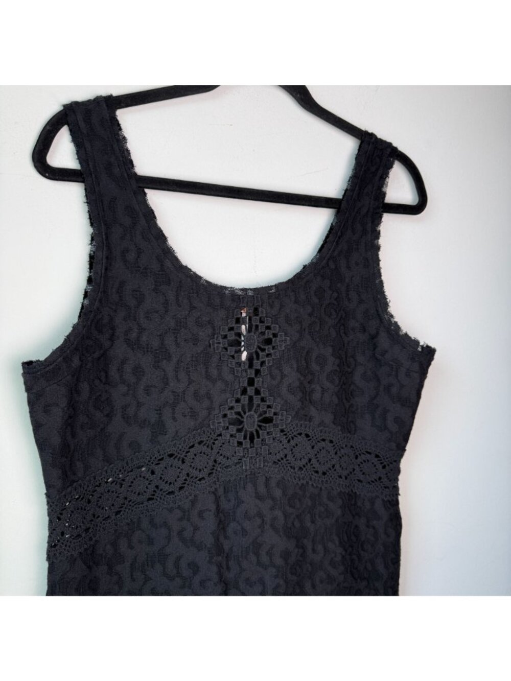 Free People Daisy Chain Lace Crochet Trim Mini Dress Black L Whimsygoth Boho - Picture 3 of 7